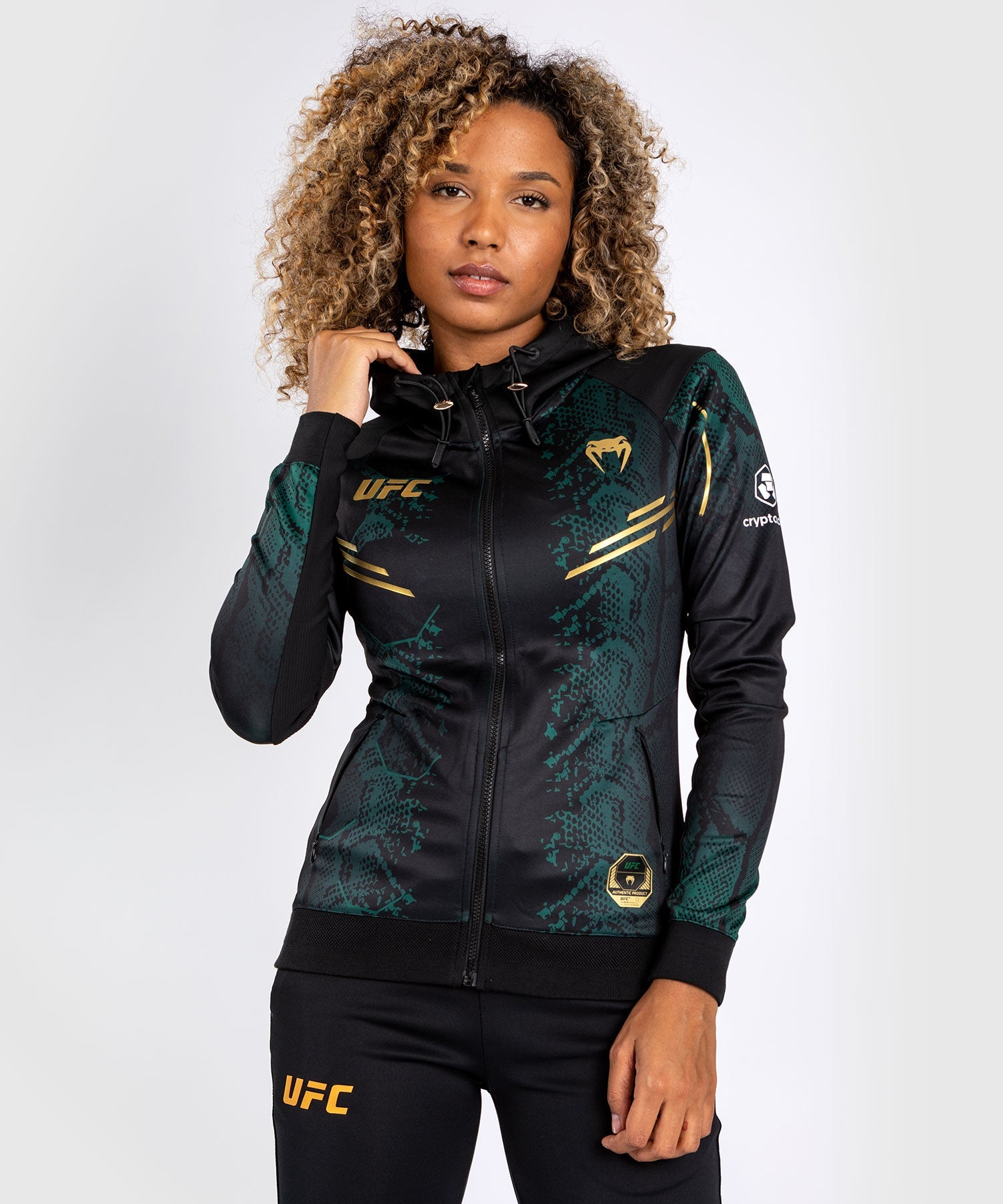 UFC Adrenaline by Venum Authentic Fight Night Women’s Walkout Hoodie - Emerald Edition - Green/Black/Gold